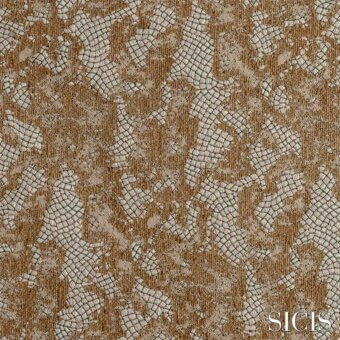 Sicis Samarcanda bronze fabric sample with repeating scale medallions, beige textured background, woven geometric pattern, subtle sheen.